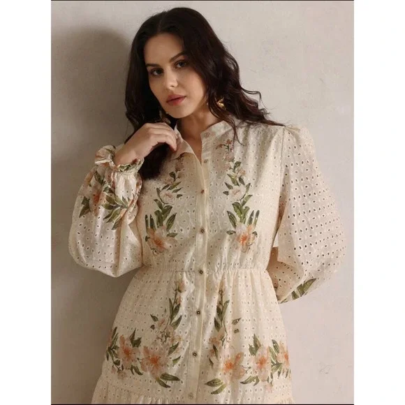 ANewsta Curve 4XL Ivory Floral Embroidered Eyelet Maxi Dress Long Sleeve Cottage - Picture 3 of 13
